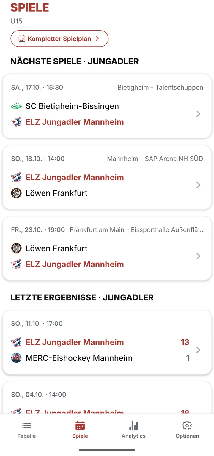 Spiele: nächste Spiele und letzte Ergebnisse des eigenen Teams
